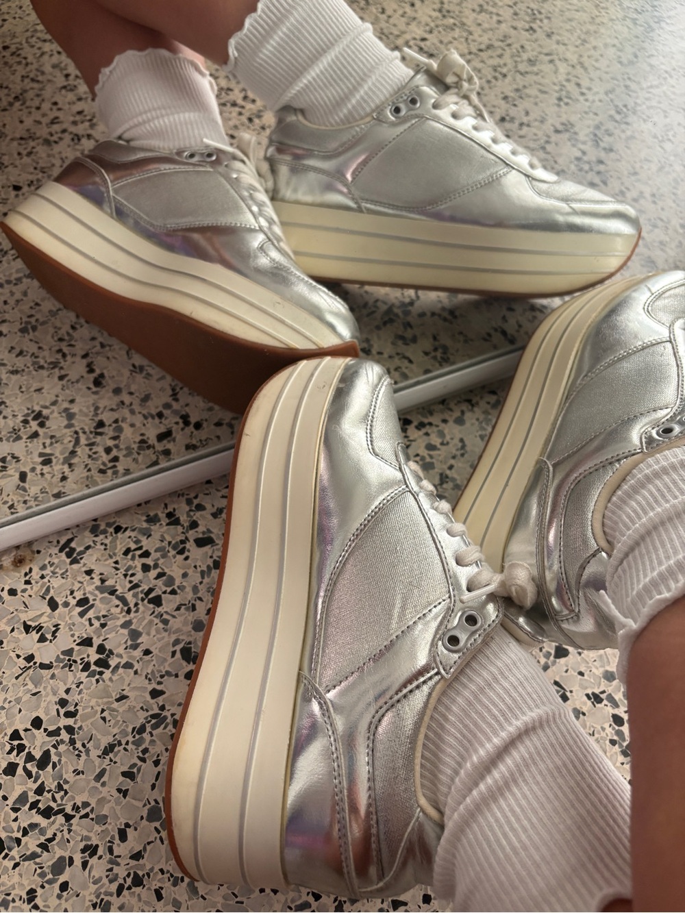 ZARA Basic Metallic Silver Platform Sneakers
